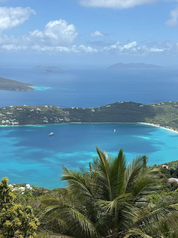 The white sand arc of Magens Bay seen from the hills of St. Thomas