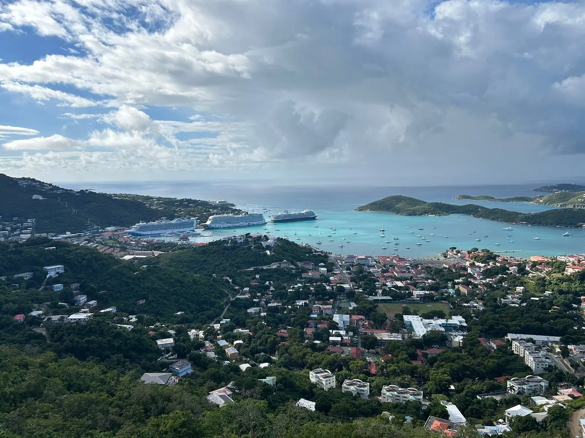 Cruise ships docked in Charlotte Amalie harbour, seen from the hills